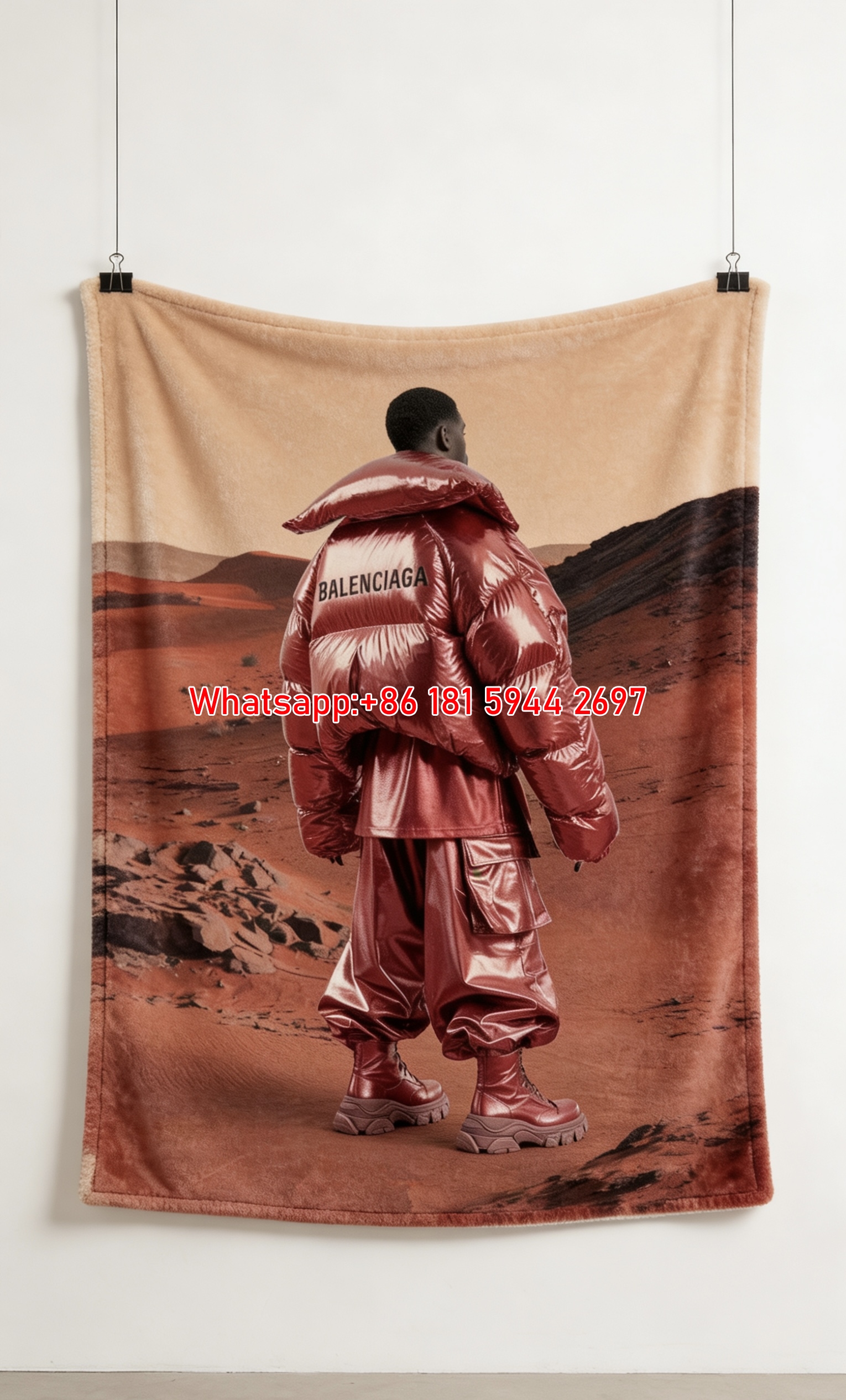 Balenciaga Metallic Red Print Flannel Sofa Throw Blanket BA173